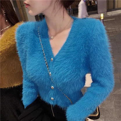 Cárdigan de punto de mohair recortado vintage para mujer, suéter con cuello en V, abrigo, ropa de calle coreana, prendas de punto en blanco y negro, jerséis ajustados sólidos, nuevo