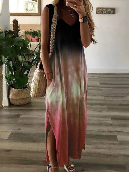 Vestidos largos sin mangas con estampado tie-dye degradado para mujer, moda informal, cuello en V, holgados, con abertura, estilo chaleco, de verano, línea A