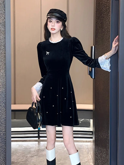 Woman Spring Summer New Elegant Velvet Mini A-line Dresses Long Sleeve Party Fashion One Piece Robe