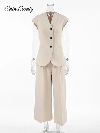 Elegant Waistcoat Pants Set For Women 2 Pieces Single Breasted Tank Wide Leg Trousers 2025 Spring Summer Lady Commute Outfits
