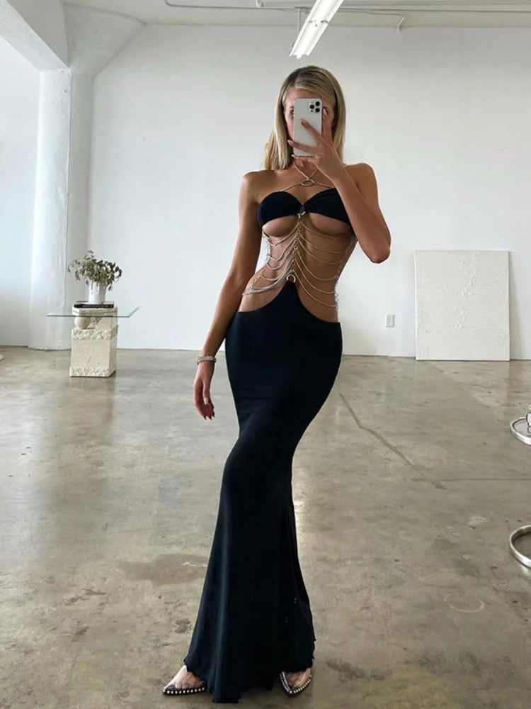 Vestido de fiesta con cuello halter y cadena de metal para mujer, vestido largo sexy sin mangas de noche, vestidos elegantes cruzados para mujer, ropa