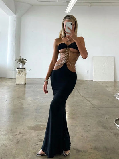 Vestido de fiesta con cuello halter y cadena de metal para mujer, vestido largo sexy sin mangas de noche, vestidos elegantes cruzados para mujer, ropa