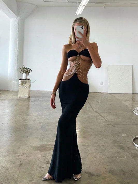 Metal Chain Halter Hollow Out Party Dresses Women Evening Sexy Sleeveless Maxi Dress Wrap Elegant Dresses for Women Clothing