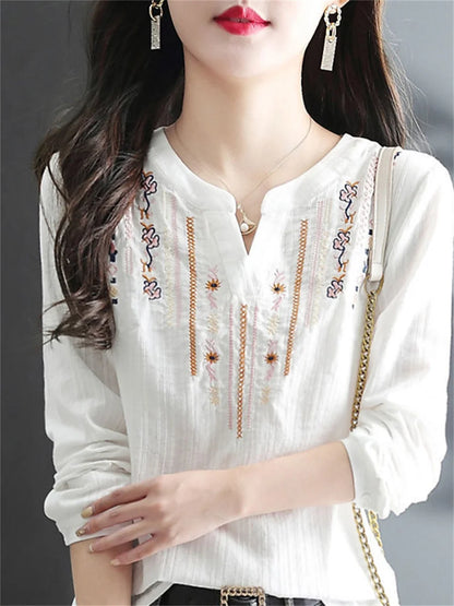 Blusas blancas de primavera y otoño para mujer, blusas informales bordadas con cuello en V y manga larga, blusas vintage holgadas DF4272