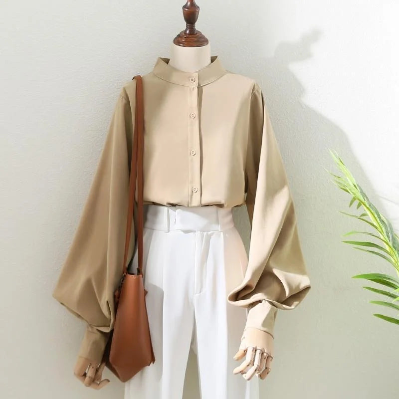 Blusa holgada de manga larga tipo farol para mujer, estilo primavera y otoño, con cuello levantado, DF4847
