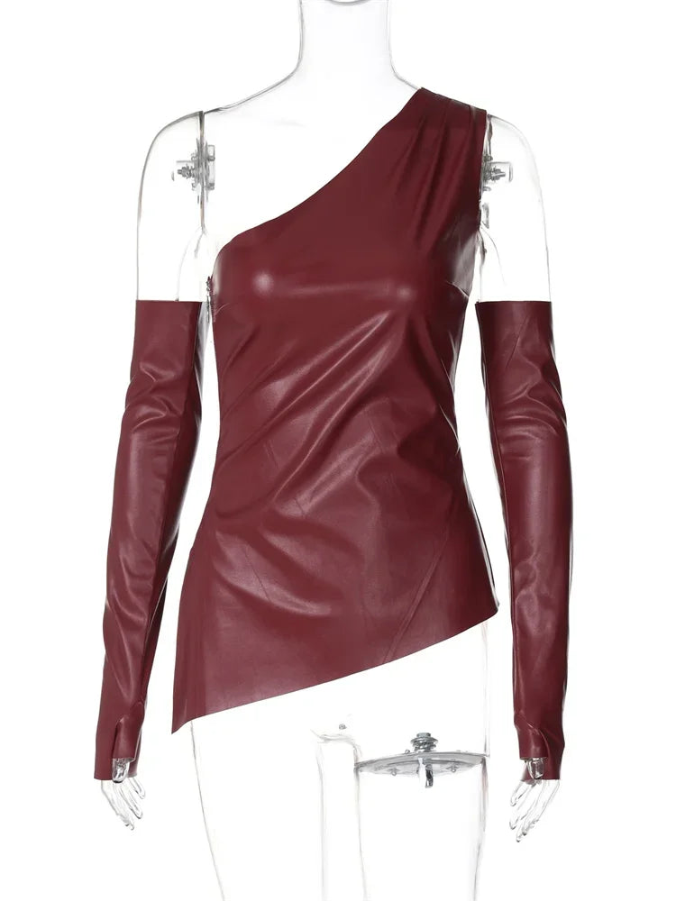 Camiseta sin mangas de PU con hombros descubiertos para mujer, top corto de manga larga ajustado con parches sólidos, ropa de calle Y2k para mujer