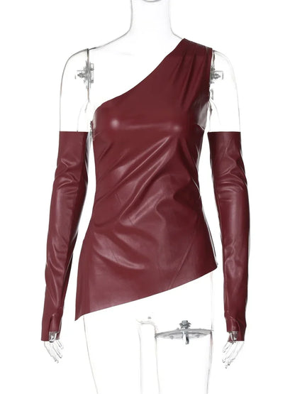 Camiseta sin mangas de PU con hombros descubiertos para mujer, top corto de manga larga ajustado con parches sólidos, ropa de calle Y2k para mujer