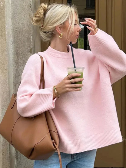 Suéter de punto rosa para mujer, jersey de manga larga, moda suelta, patchwork, lindo Y2k, top de punto elegante para mujer, nuevo