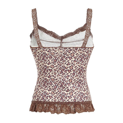 Y2k Leopard Lace Trim V-Neck Halter Tops Women Sexy Slim Hotsweet Bow Lace Up Tanks s New