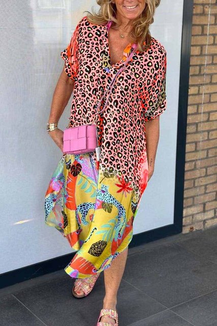 Vestidos de patchwork con estampado de leopardo para mujer, cuello en V, manga corta, bolsillo, abertura holgada, vestido midi, moda informal, vestidos de verano para mujer, nuevo