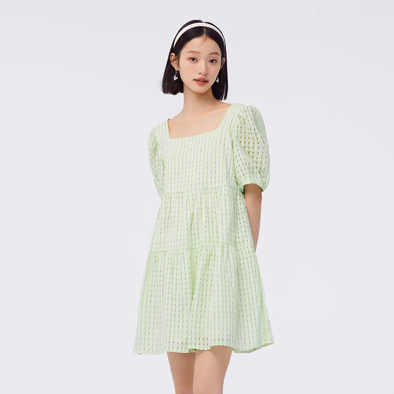 Vestido de mujer con textura a cuadros, fresco, de verano, nuevo, con cuello cuadrado, para bebé, dulce