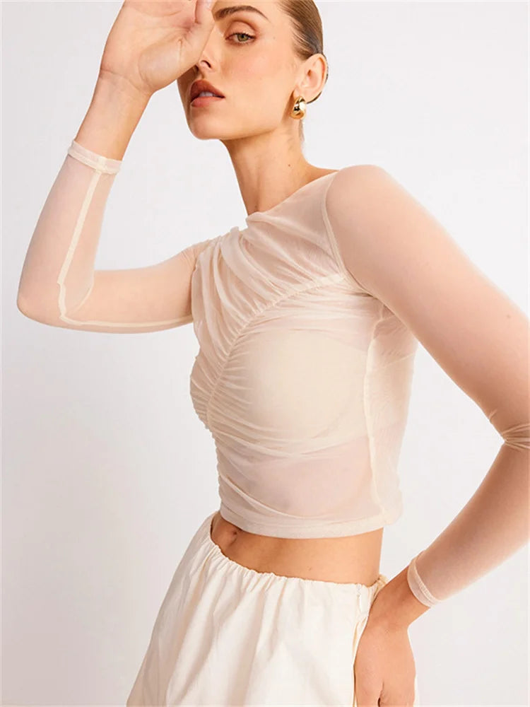 Camiseta de malla transparente de verano para mujer, top plisado de retazos transparente, top corto ajustado, camiseta lisa para mujer, jersey