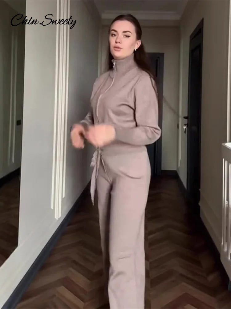 Conjuntos de pantalones de punto para mujer, cárdigan con cuello alto y cremallera, pantalones holgados de cintura alta, trajes de otoño e invierno, nuevos conjuntos a juego