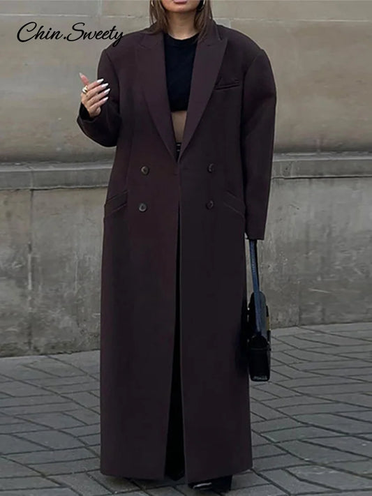 Gabardina larga de lana con bolsillo de solapa elegante para mujer, abrigo holgado de manga larga a la moda para otoño e invierno, ropa de calle para mujer
