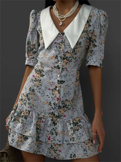 Vestido mini estampado con volantes y escote en V para mujer, manga corta, moda, ajustado, cintura alta, elegante, vestido de fiesta de verano para mujer, nuevo