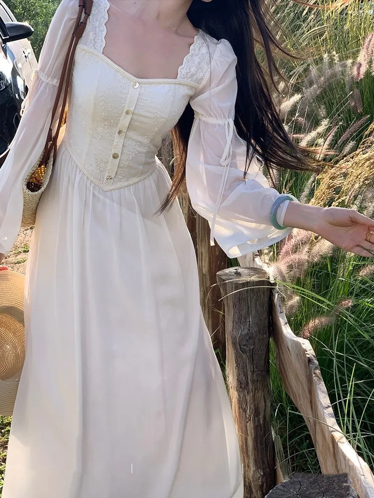 Vestidos midi franceses vintage con mangas acampanadas para mujer, cuello cuadrado, corte en A, otoño, nuevo, informal, liso, para fiesta, ropa femenina