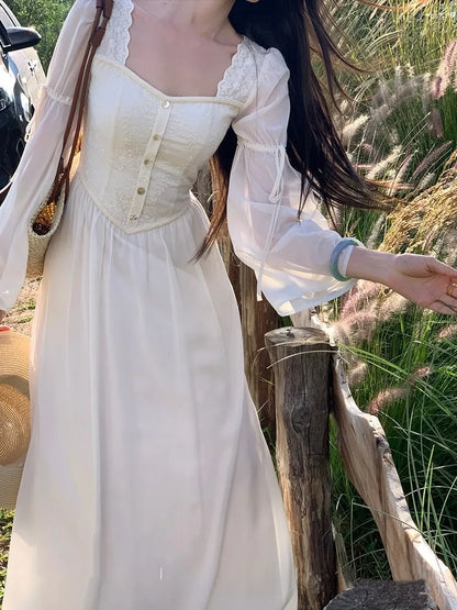 Vestidos midi franceses vintage con mangas acampanadas para mujer, cuello cuadrado, corte en A, otoño, nuevo, informal, liso, para fiesta, ropa femenina