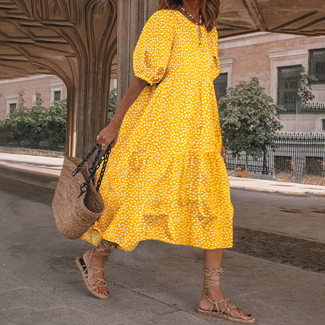Vestido estampado de verano 2025 para mujer, manga corta abullonada, volantes, holgado, corte A, midi, informal, para playa y vacaciones
