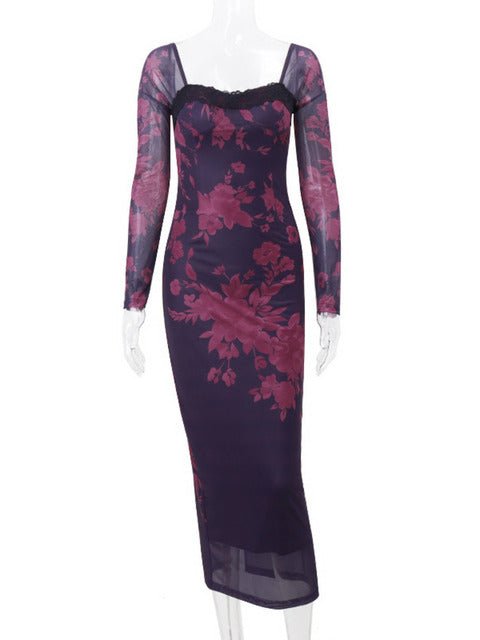 Elegante vestido largo con estampado sin espalda para mujer, otoño e invierno, nuevo vestido sexy ajustado de manga larga con cuello cuadrado para fiesta y club.