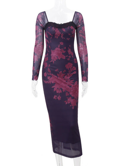 Elegante vestido largo con estampado sin espalda para mujer, otoño e invierno, nuevo vestido sexy ajustado de manga larga con cuello cuadrado para fiesta y club.