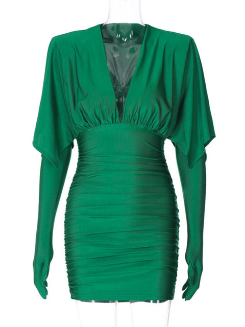 Vestido mini de manga larga con escote en V profundo para mujer, otoño e invierno, nuevo vestido de noche fruncido, moda femenina, vestido sexy elegante