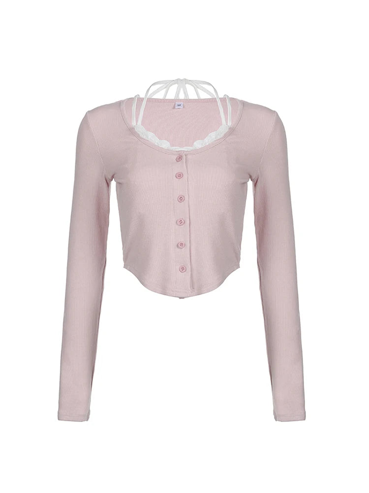 Camiseta corta de manga larga Y2K rosa con botones y encaje en contraste para mujer, estilo balletcore kawaii