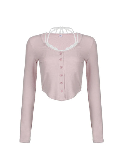 Camiseta corta de manga larga Y2K rosa con botones y encaje en contraste para mujer, estilo balletcore kawaii