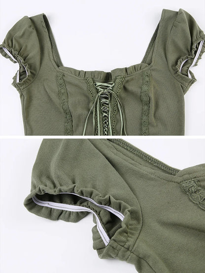 Camiseta corta verde vintage para mujer, con volantes, cuello cuadrado Y2K, estilo grunge, camiseta sexy y elegante de manga corta, ropa de calle
