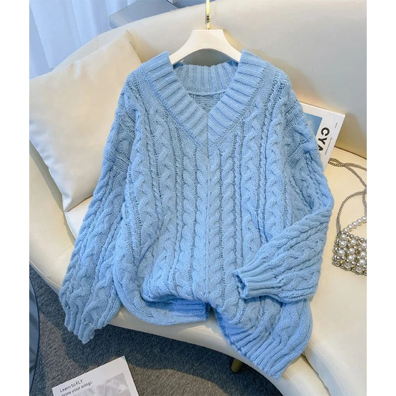 Suéter Harajuku para mujer, moda de gran tamaño, rosa, cuello en V, suéteres de punto coreanos de manga larga, suéteres casuales de invierno