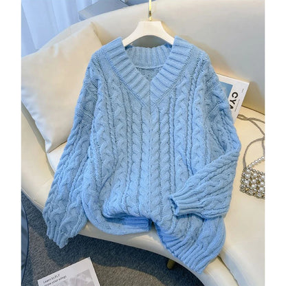 Suéter Harajuku para mujer, moda de gran tamaño, rosa, cuello en V, suéteres de punto coreanos de manga larga, suéteres casuales de invierno