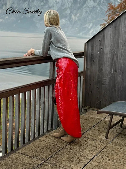 Sequins Red Christmas Sequin Skirts For Women Shiny Split Loose High Waist Straight Skirt 2025 Spring Party Y2K Streetwear New