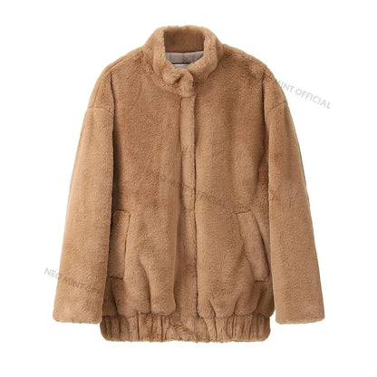 Abrigo de felpa extragrande para mujer, chaqueta de invierno gruesa y cálida acolchada de piel sintética de conejo, chaqueta bomber con pelo grueso para adolescentes.