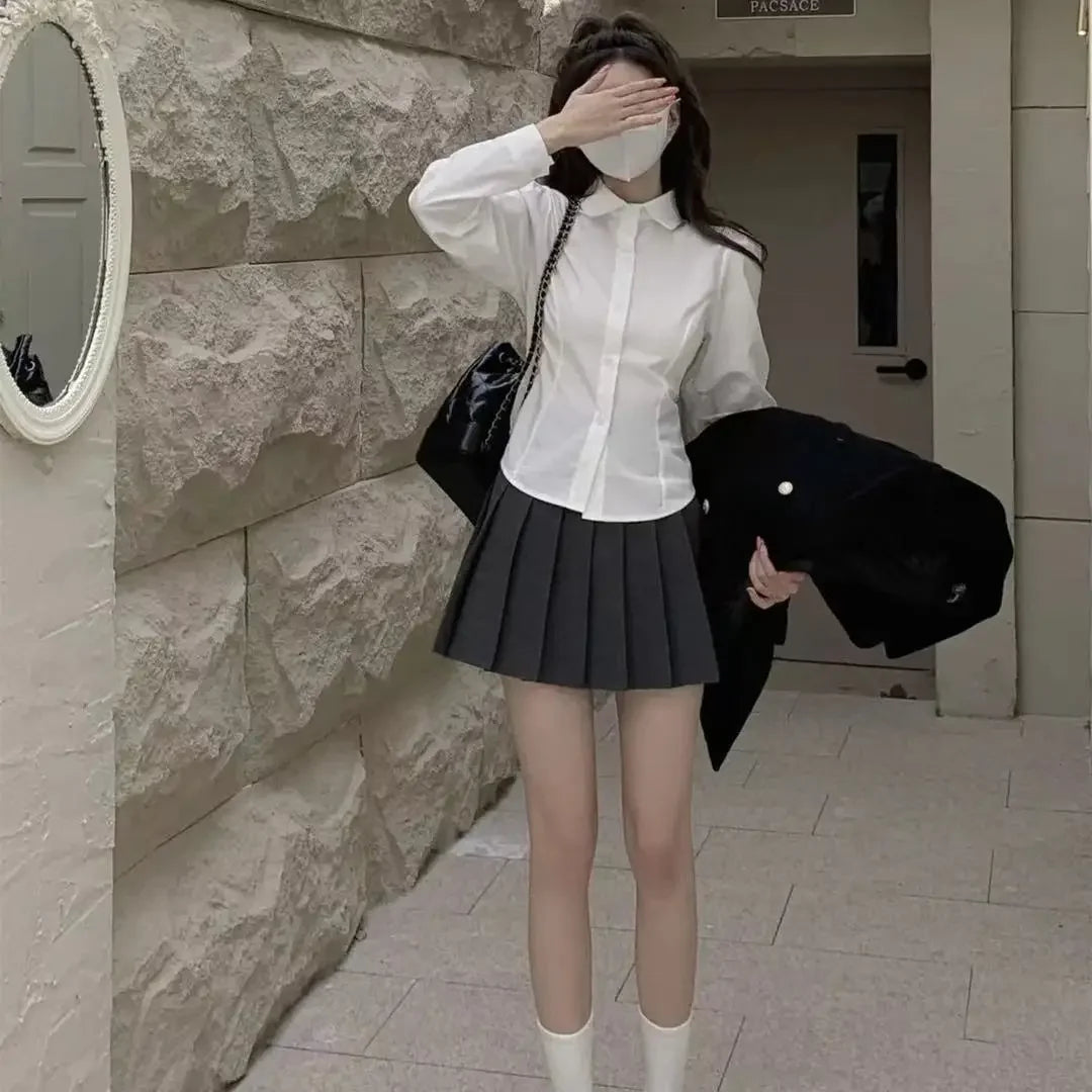 Camisa blanca de vendaje para mujer, ajustada, de manga larga, bonita, para uniforme escolar, blusa básica, cuello polo para mujer