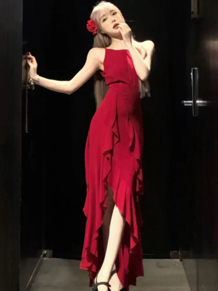 Y2K Red Irregular Womens Dresses Sexy Spaghetti Strap Sleeveless Ruffles Birthday Party Dress Summer Slim Casual Vestidos Mujer