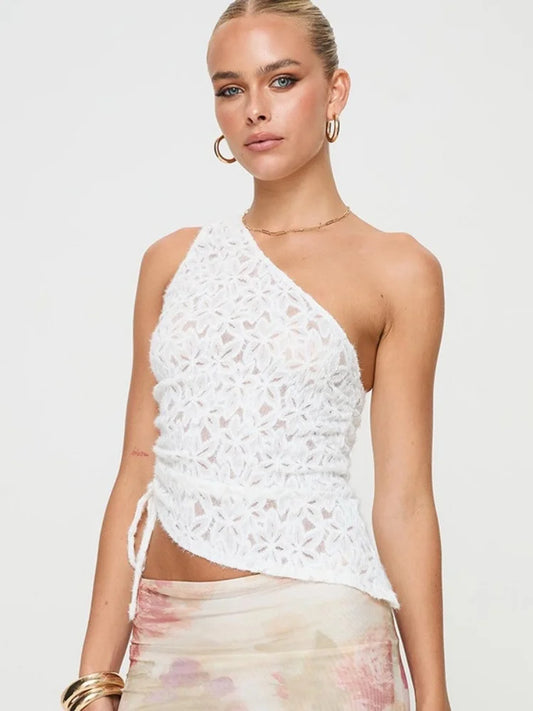 Top corto blanco con cuello inclinado para mujer, con cordón ajustable, accesorios Y2k, ropa de mujer de encaje, camisola de verano, ropa estética