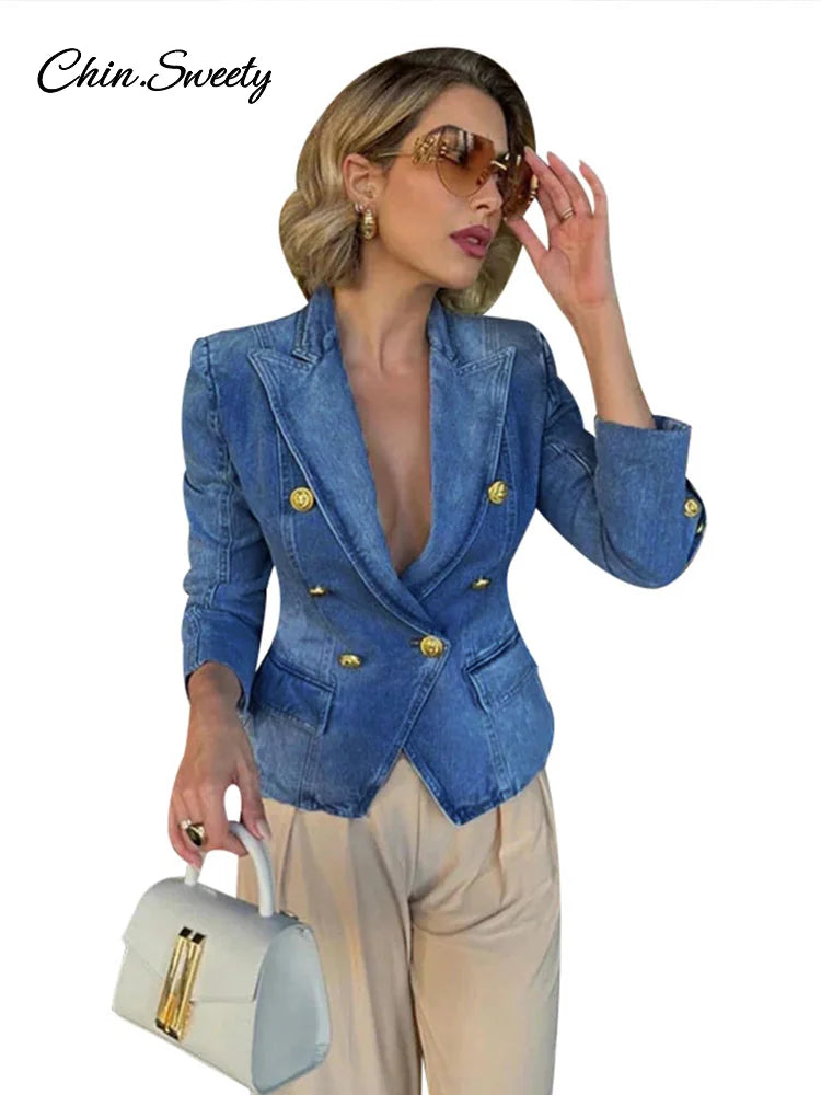 Slim Cropped Denim Jacket Women Lapel Long Sleeve Double Breasted Blazer Coat Female 2025 Spring Summer High Street Outwears