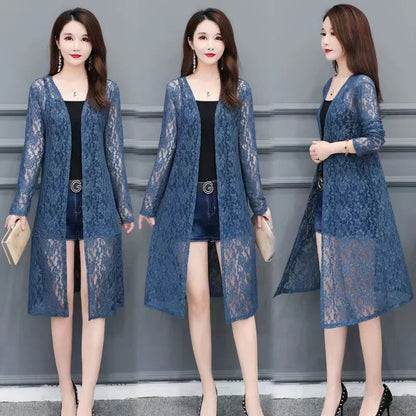 Summer Women Sun Protection Lace Cardigan Mid-length Mesh Shawl Loose Clothing Women Jacket Shirt Outerwear