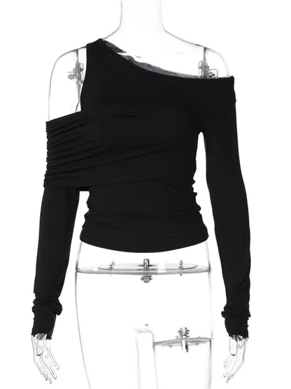 Black Off-Shoulder Long Sleeve T-shirt For Women High Waist Autumn  Slim Fashion Pullover Top Ladies Solid Y2k Tee Top