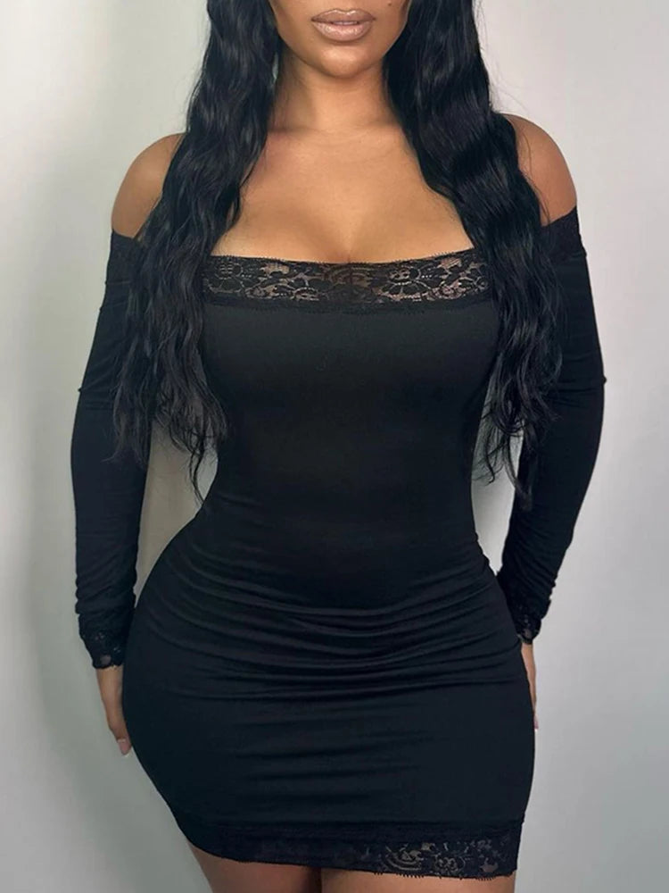 Vestido corto negro de manga larga con hombros descubiertos y ribete de encaje liso y ajustado para mujer, elegante y sexy para fiesta