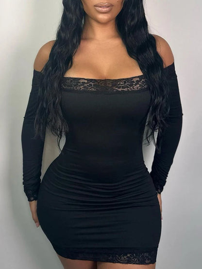 Vestido corto negro de manga larga con hombros descubiertos y ribete de encaje liso y ajustado para mujer, elegante y sexy para fiesta