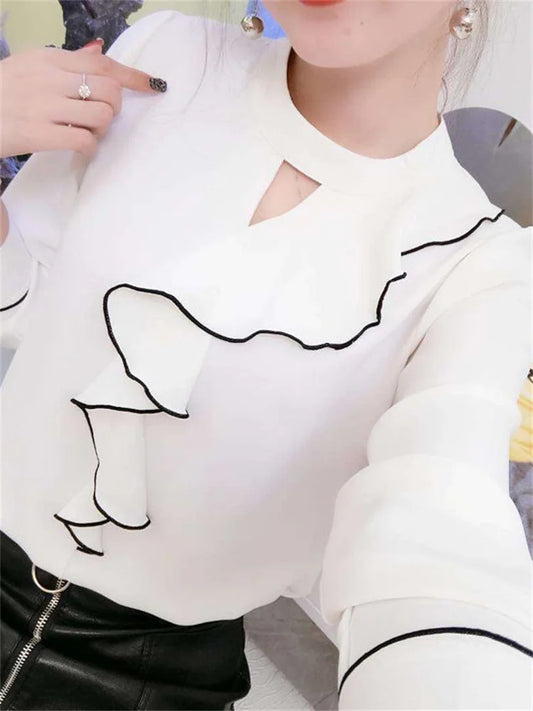 Blusas de gasa estilo primavera-verano para mujer, informales, de manga larga, con volantes y cuello alto, DF3148