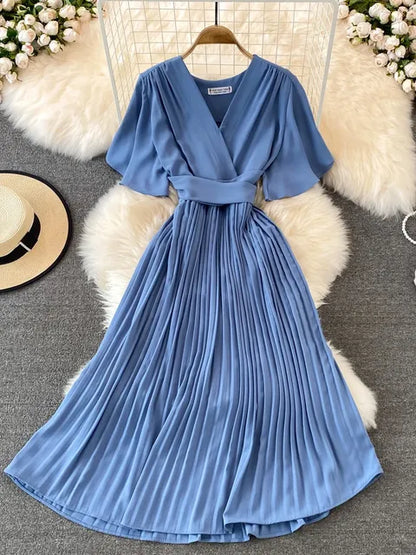 Women Elegant Pleated Dress Summer Short Sleeve V-neck Vintage Dresses Ladies A Line High Waisted Midi Dress