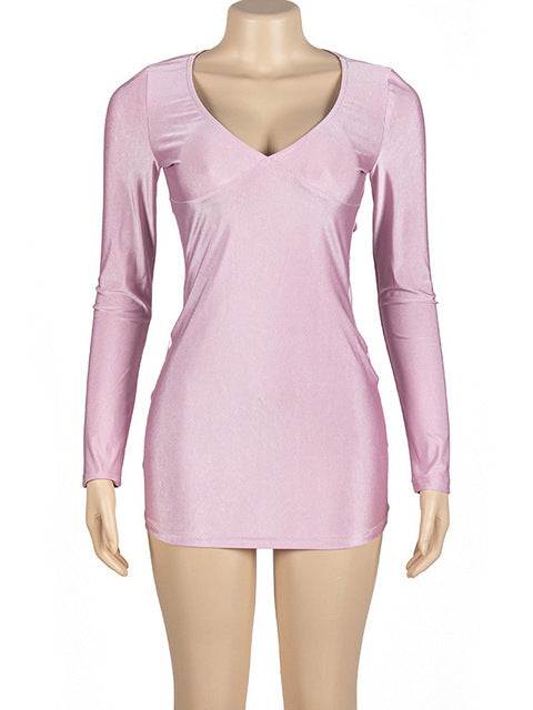 Falda corta ajustada con escote en V profundo y manga larga para mujer, sexy, elástica, estilo jersey, de cintura alta, para fiesta y calle.
