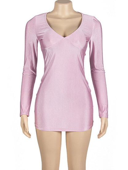 Falda corta ajustada con escote en V profundo y manga larga para mujer, sexy, elástica, estilo jersey, de cintura alta, para fiesta y calle.