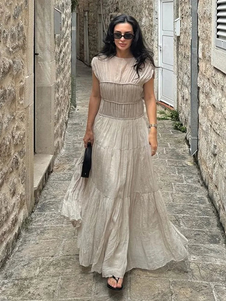 Vestidos largos plisados vintage para mujer, elegantes, sin espalda, cuello redondo, manga corta, para verano, primavera, fiestas, playa y vacaciones.