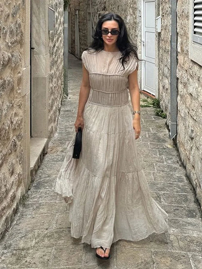 Vestidos largos plisados vintage para mujer, elegantes, sin espalda, cuello redondo, manga corta, para verano, primavera, fiestas, playa y vacaciones.