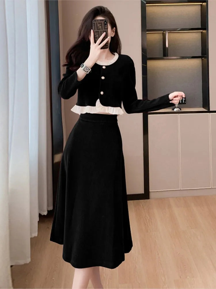 Conjunto de falda de dos piezas de pana para otoño e invierno, top de manga larga con volantes y cuello redondo para mujer, falda midi lisa, conjuntos de moda coreana, nuevo