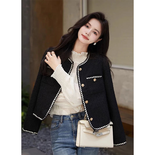 Chaqueta de tweed corta vintage para mujer, abrigo acolchado negro, elegante blazer de invierno para mujer, abrigo grueso de un solo pecho.