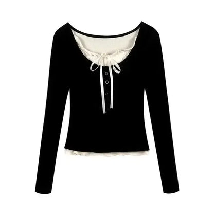 T-shirts Women Slim Sweet College Fashion Korean Spring Soft Leisure Cropped Spliced Designed  New Arrival Daily Casual