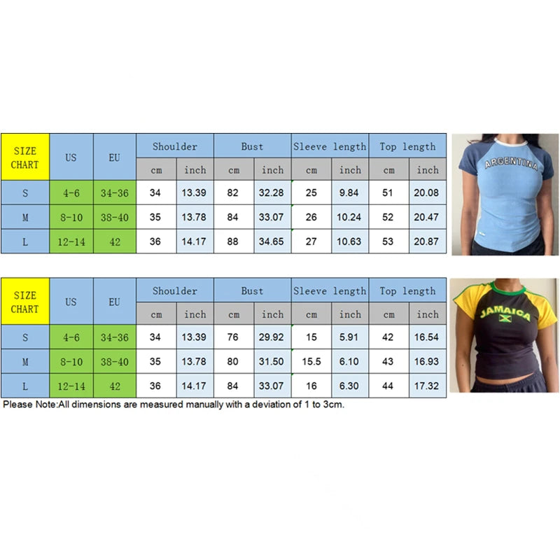 Camiseta corta Jamaica Y2K estética para mujer, con estampado de letras en contraste de color, de manga corta, básica para bebé, ropa de los años 2000